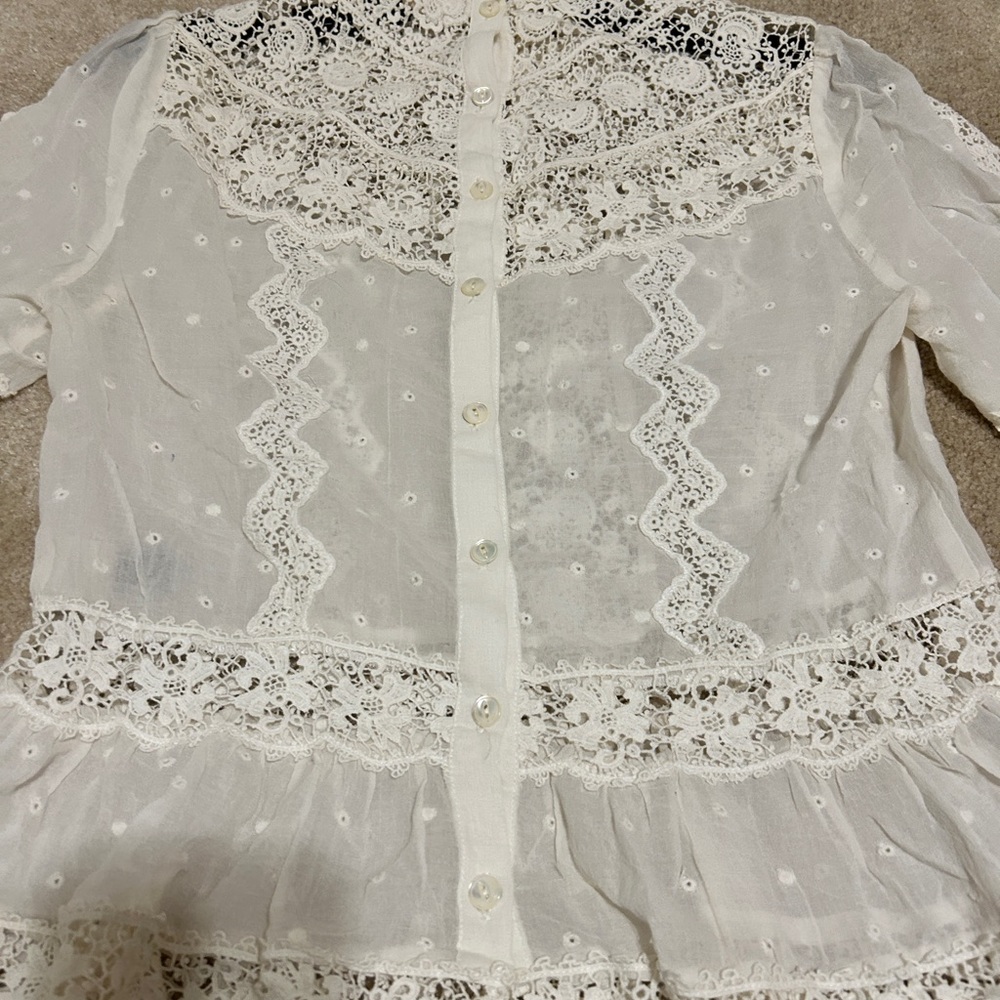 Sheer white chiffon button up blouse with mother of pearl buttons and lace inset - Picture 6 of 7
